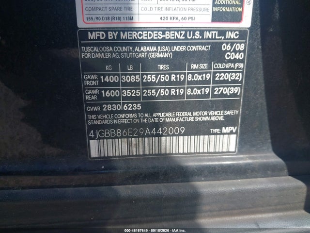 Продаж на аукціоні авто 2009 Mercedes-benz Ml 350 4matic, vin: 4JGBB86E29A442009, номер лоту: 46167649