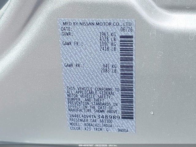 Aukcja sprzedaży 2026 Nissan Altima Sv Fwd, vin: 1N4BL4DV4TN348989, numer aukcji: 46167657