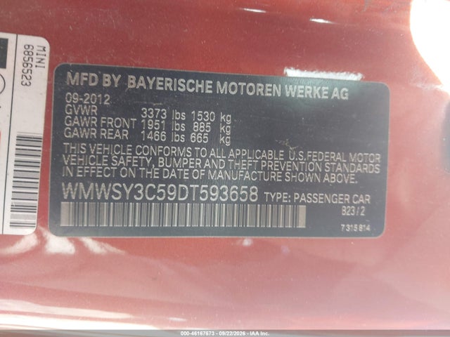46167673 :رقم المزاد ، WMWSY3C59DT593658 vin ، 2013 Mini Roadster Cooper S مزاد بيع