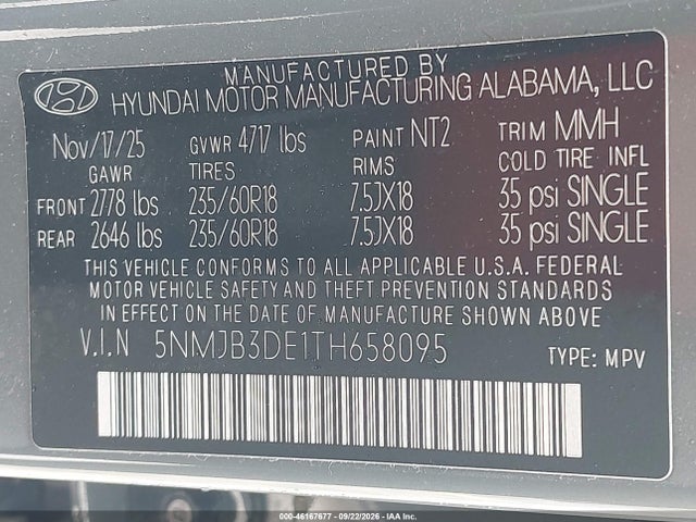 2026 Hyundai Tucson Sel მანქანა იყიდება აუქციონზე, vin: 5NMJB3DE1TH658095, აუქციონის ნომერი: 46167677