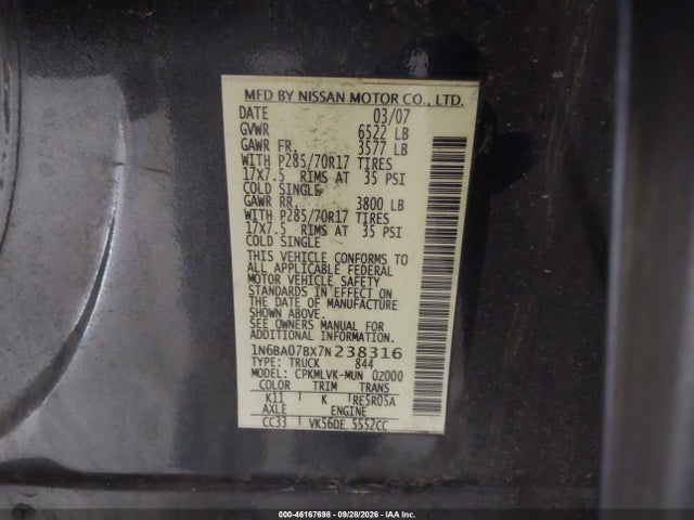 Продажа на аукционе авто 2007 Nissan Titan Le, vin: 1N6BA07BX7N238316, номер лота: 46167698