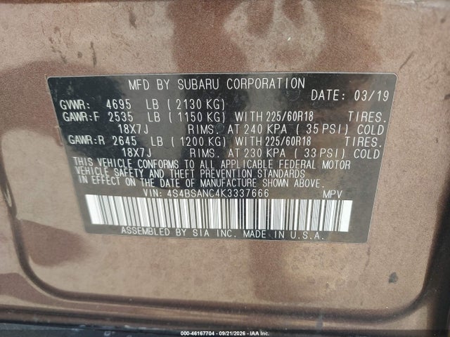 4S4BSANC4K3337666 Subaru Outback 2.5i Limited