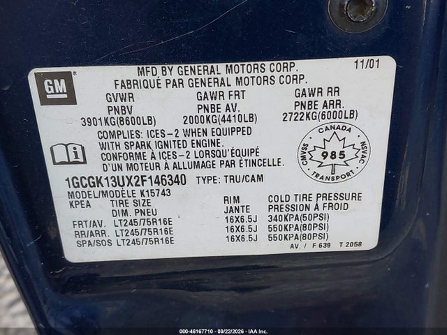 Aukcja sprzedaży 2002 Chevrolet Silverado 1500hd Ls/lt, vin: 1GCGK13UX2F146340, numer aukcji: 46167710