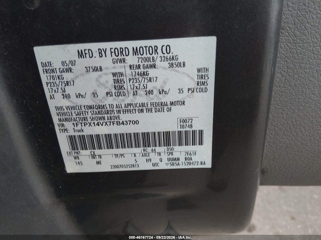 46167724 :رقم المزاد ، 1FTPX14VX7FB43700 vin ، 2007 Ford F-150 Fx4/lariat/xl/xlt مزاد بيع
