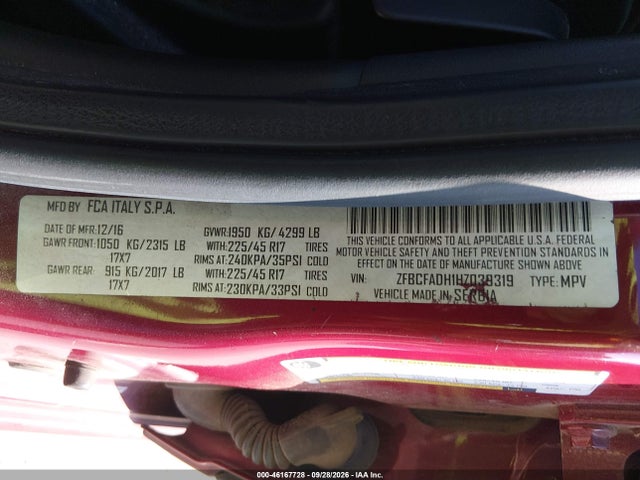 Aukcja sprzedaży 2017 Fiat 500l Trekking, vin: ZFBCFADH1HZ039319, numer aukcji: 46167728