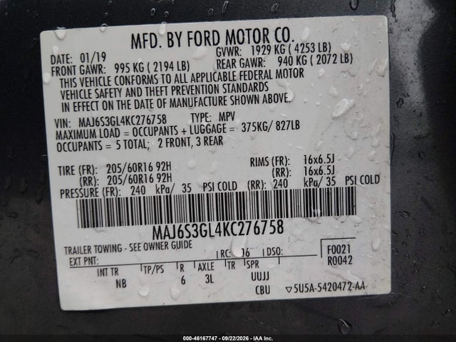 46167747 :رقم المزاد ، MAJ6S3GL4KC276758 vin ، 2019 Ford Ecosport Se مزاد بيع