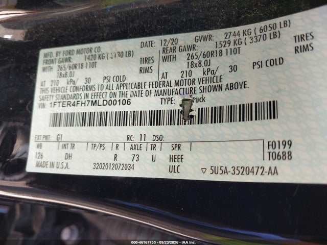 Продажа на аукционе авто 2021 Ford Ranger Lariat, vin: 1FTER4FH7MLD00106, номер лота: 46167750