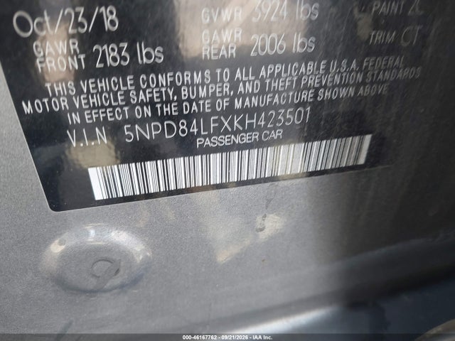 46167762 :رقم المزاد ، 5NPD84LFXKH423501 vin ، 2019 Hyundai Elantra Sel مزاد بيع
