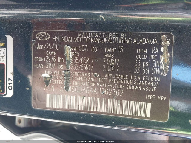 2010 Hyundai Santa Fe Gls მანქანა იყიდება აუქციონზე, vin: 5NMSGDAB4AH362362, აუქციონის ნომერი: 46167768