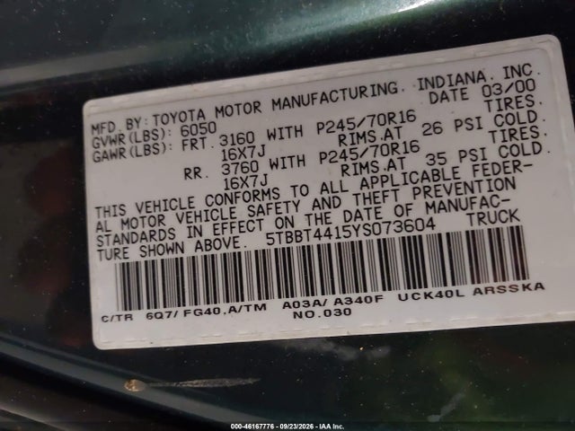 46167776 :رقم المزاد ، 5TBBT4415YS073604 vin ، 2000 Toyota Tundra Sr5 V8 مزاد بيع