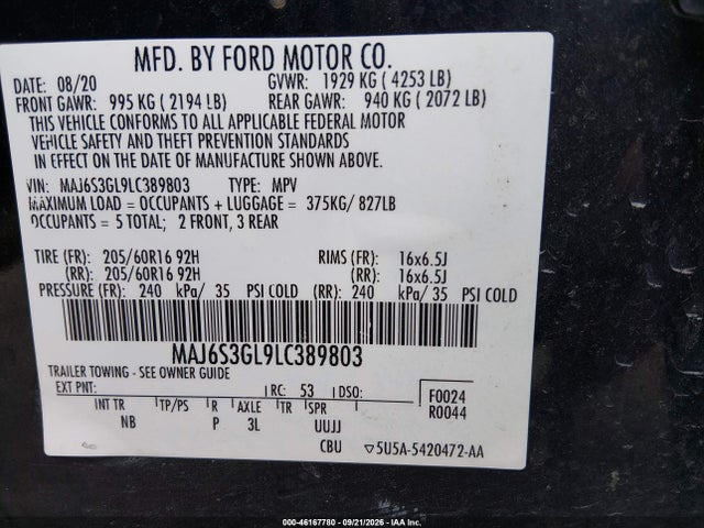 46167780 :رقم المزاد ، MAJ6S3GL9LC389803 vin ، 2020 Ford Ecosport Se مزاد بيع