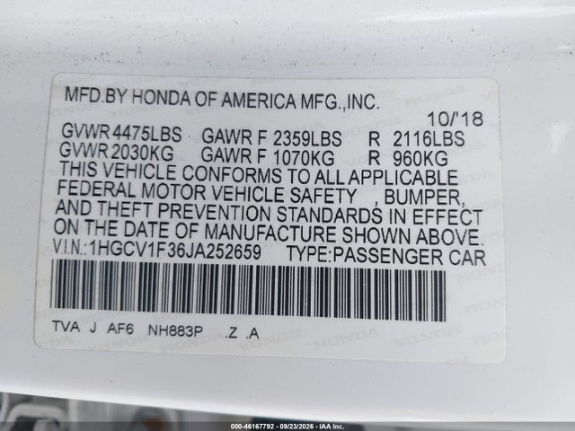Продажа на аукционе авто 2018 Honda Accord Sport, vin: 1HGCV1F36JA252659, номер лота: 46167792