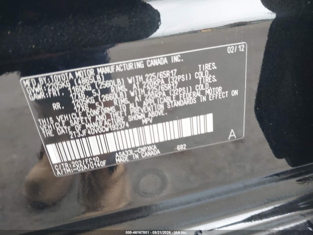 46167801 :رقم المزاد ، 2T3JF4DV0CW192374 vin ، 2012 Toyota Rav4 مزاد بيع