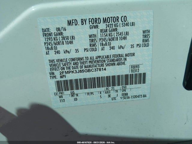 2016 Ford Edge Sel მანქანა იყიდება აუქციონზე, vin: 2FMPK3J85GBC37814, აუქციონის ნომერი: 46167820