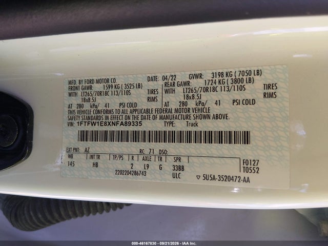2022 Ford F-150 Lariat მანქანა იყიდება აუქციონზე, vin: 1FTFW1E8XNFA89335, აუქციონის ნომერი: 46167830
