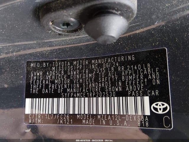 46167839 :رقم المزاد ، 5YFP4MCE1RP202530 vin ، 2024 Toyota Corolla Se مزاد بيع