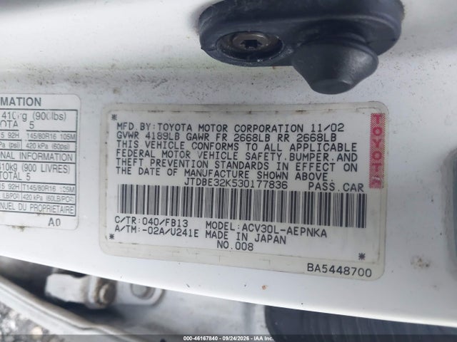 46167840 :رقم المزاد ، JTDBE32K530177836 vin ، 2003 Toyota Camry Le مزاد بيع