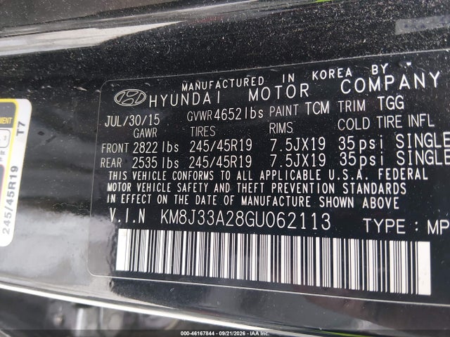 Продаж на аукціоні авто 2016 Hyundai Tucson Sport, vin: KM8J33A28GU062113, номер лоту: 46167844