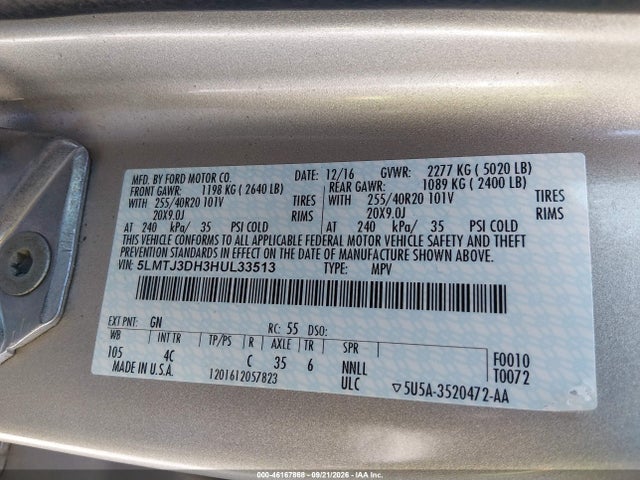 2017 Lincoln Mkc Reserve მანქანა იყიდება აუქციონზე, vin: 5LMTJ3DH3HUL33513, აუქციონის ნომერი: 46167868