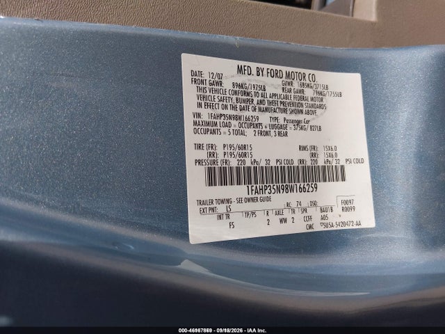 46167869 :رقم المزاد ، 1FAHP35N98W166259 vin ، 2008 Ford Focus Se/ses مزاد بيع