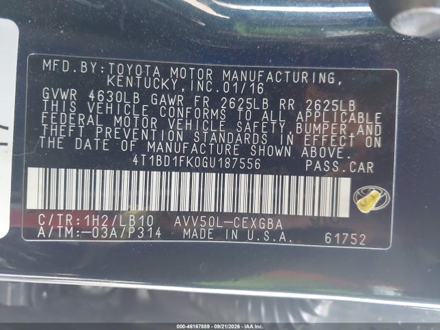 Aukcja sprzedaży 2016 Toyota Camry Hybrid Xle, vin: 4T1BD1FK0GU187556, numer aukcji: 46167889
