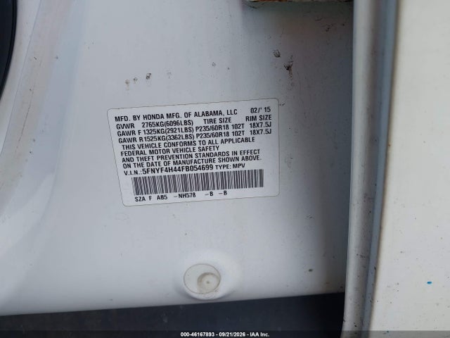 2015 Honda Pilot Ex მანქანა იყიდება აუქციონზე, vin: 5FNYF4H44FB054699, აუქციონის ნომერი: 46167893