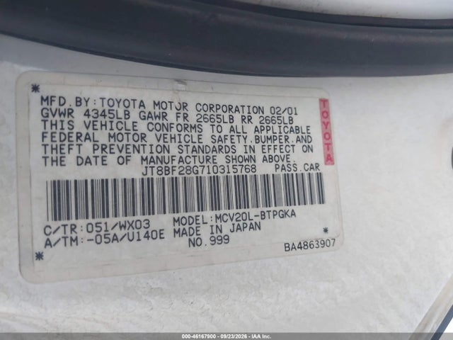 Aukcja sprzedaży 2001 Lexus Es 300, vin: JT8BF28G710315768, numer aukcji: 46167900