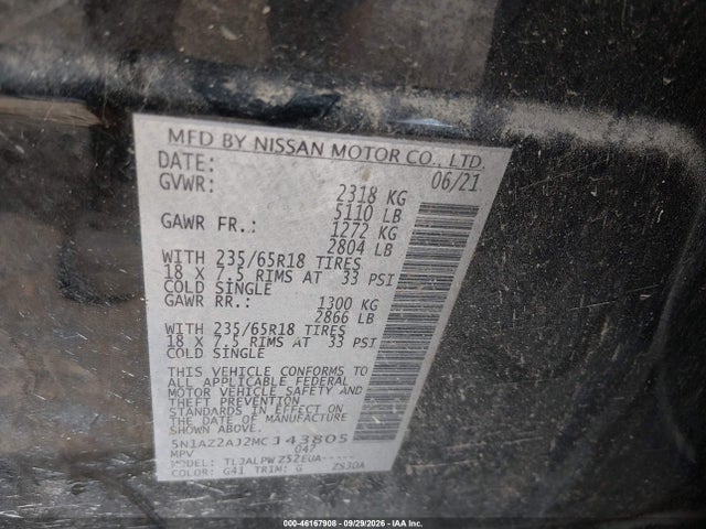 Продаж на аукціоні авто 2021 Nissan Murano S Fwd, vin: 5N1AZ2AJ2MC143805, номер лоту: 46167908