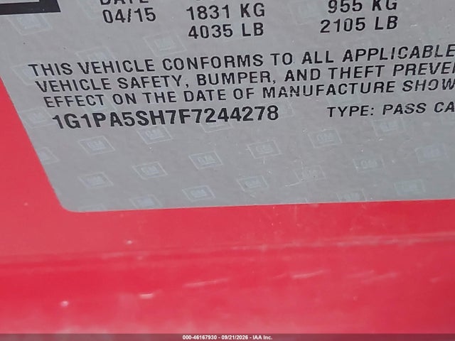Aukcja sprzedaży 2015 Chevrolet Cruze Ls Auto, vin: 1G1PA5SH7F7244278, numer aukcji: 46167930