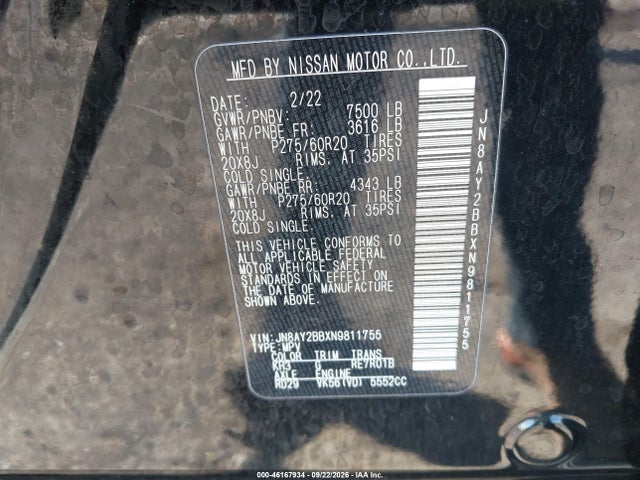 Продаж на аукціоні авто 2022 Nissan Armada Sl 4wd, vin: JN8AY2BBXN9811755, номер лоту: 46167934