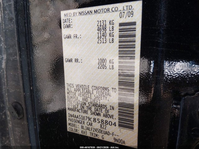 2009 Nissan Maxima 3.5 Sv მანქანა იყიდება აუქციონზე, vin: 1N4AA51E79C858804, აუქციონის ნომერი: 46167939