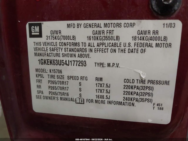 2004 Gmc Yukon Denali მანქანა იყიდება აუქციონზე, vin: 1GKEK63U54J177293, აუქციონის ნომერი: 46167944