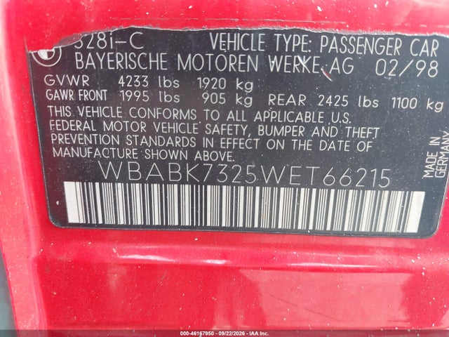 Продажа на аукционе авто 1998 Bmw 328ic, vin: WBABK7325WET66215, номер лота: 46167950
