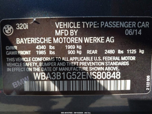 2014 Bmw 320i მანქანა იყიდება აუქციონზე, vin: WBA3B1G52ENS80848, აუქციონის ნომერი: 46167955