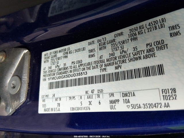 2013 Ford Escape Se მანქანა იყიდება აუქციონზე, vin: 1FMCU0GX5DUD35513, აუქციონის ნომერი: 46167958