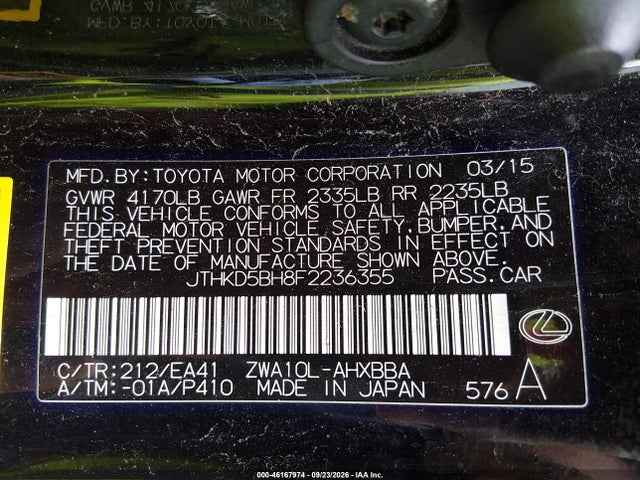 Aukcja sprzedaży 2015 Lexus Ct 200h, vin: JTHKD5BH8F2236355, numer aukcji: 46167974
