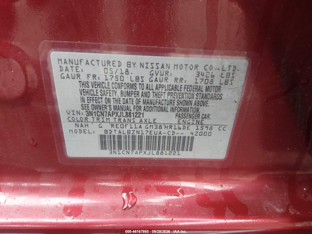 46167980 :رقم المزاد ، 3N1CN7APXJL881221 vin ، 2018 Nissan Versa 1.6 Sv مزاد بيع