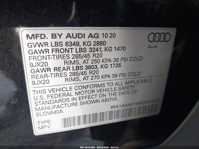 2021 Audi Q7 Premium მანქანა იყიდება აუქციონზე, vin: WA1AXAF75MD017010, აუქციონის ნომერი: 46167990