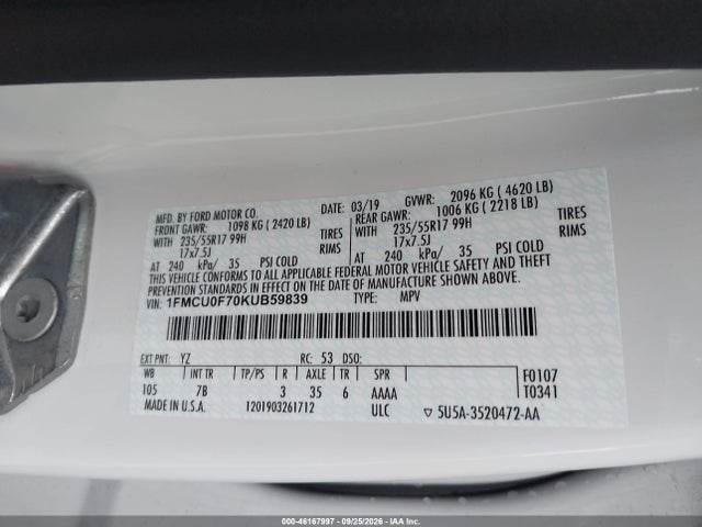 Продаж на аукціоні авто 2019 Ford Escape S, vin: 1FMCU0F70KUB59839, номер лоту: 46167997