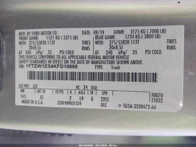 Продажа на аукционе авто 2019 Ford F-150 Xl, vin: 1FTEW1E54KFD16886, номер лота: 46168000