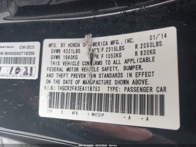 Aukcja sprzedaży 2014 Honda Accord Ex-l, vin: 1HGCR2F83EA118753, numer aukcji: 46168006