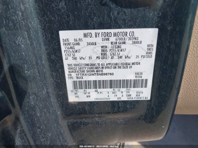 Aukcja sprzedaży 2005 Ford F-150 Stx/xl/xlt, vin: 1FTRX12W75NB98760, numer aukcji: 46168012