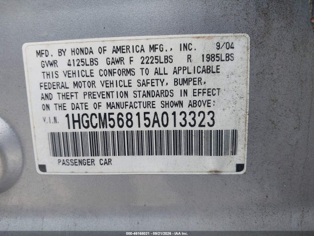 2005 Honda Accord 2.4 Ex მანქანა იყიდება აუქციონზე, vin: 1HGCM56815A013323, აუქციონის ნომერი: 46168021