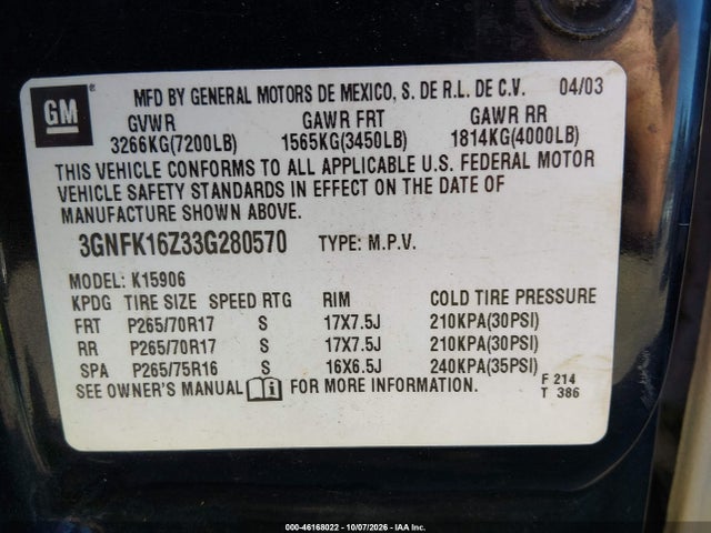 46168022 :رقم المزاد ، 3GNFK16Z33G280570 vin ، 2003 Chevrolet Suburban 1500 Z71 مزاد بيع