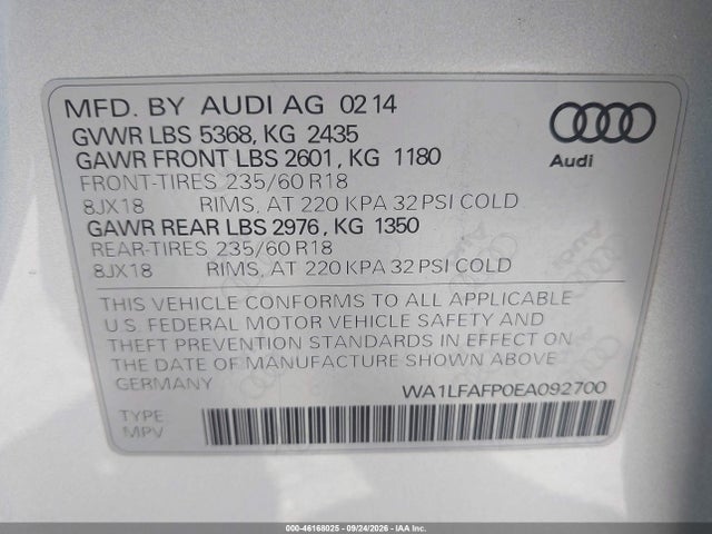 46168025 :رقم المزاد ، WA1LFAFP0EA092700 vin ، 2014 Audi Q5 2.0t Premium مزاد بيع