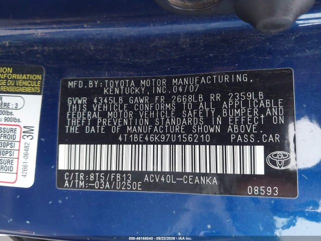Продажа на аукционе авто 2007 Toyota Camry Le, vin: 4T1BE46K97U156210, номер лота: 46168040