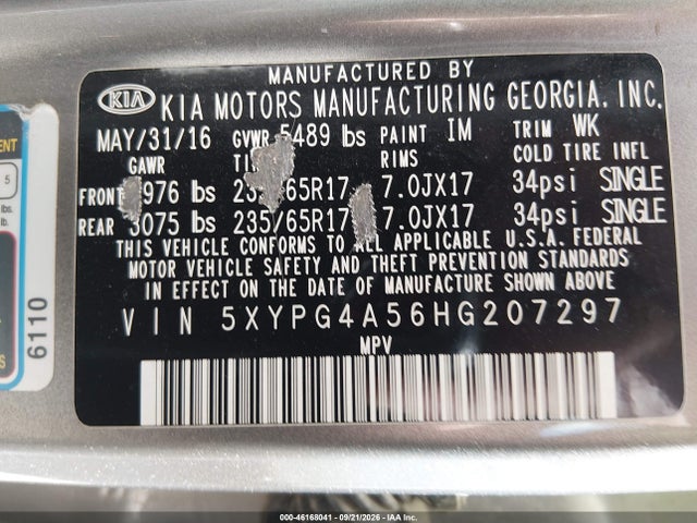 46168041 :رقم المزاد ، 5XYPG4A56HG207297 vin ، 2017 Kia Sorento 3.3l Lx مزاد بيع
