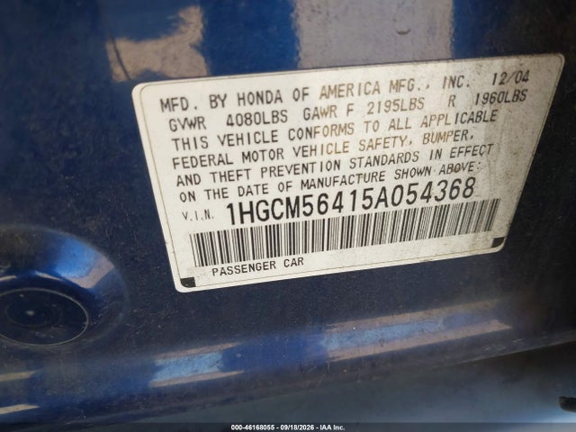 2005 Honda Accord 2.4 Lx მანქანა იყიდება აუქციონზე, vin: 1HGCM56415A054368, აუქციონის ნომერი: 46168055