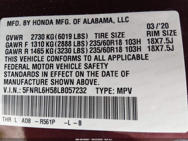 Aukcja sprzedaży 2020 Honda Odyssey Ex, vin: 5FNRL6H58LB057232, numer aukcji: 46168067
