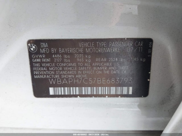 2011 Bmw 328i მანქანა იყიდება აუქციონზე, vin: WBAPH7C57BE683793, აუქციონის ნომერი: 46168082